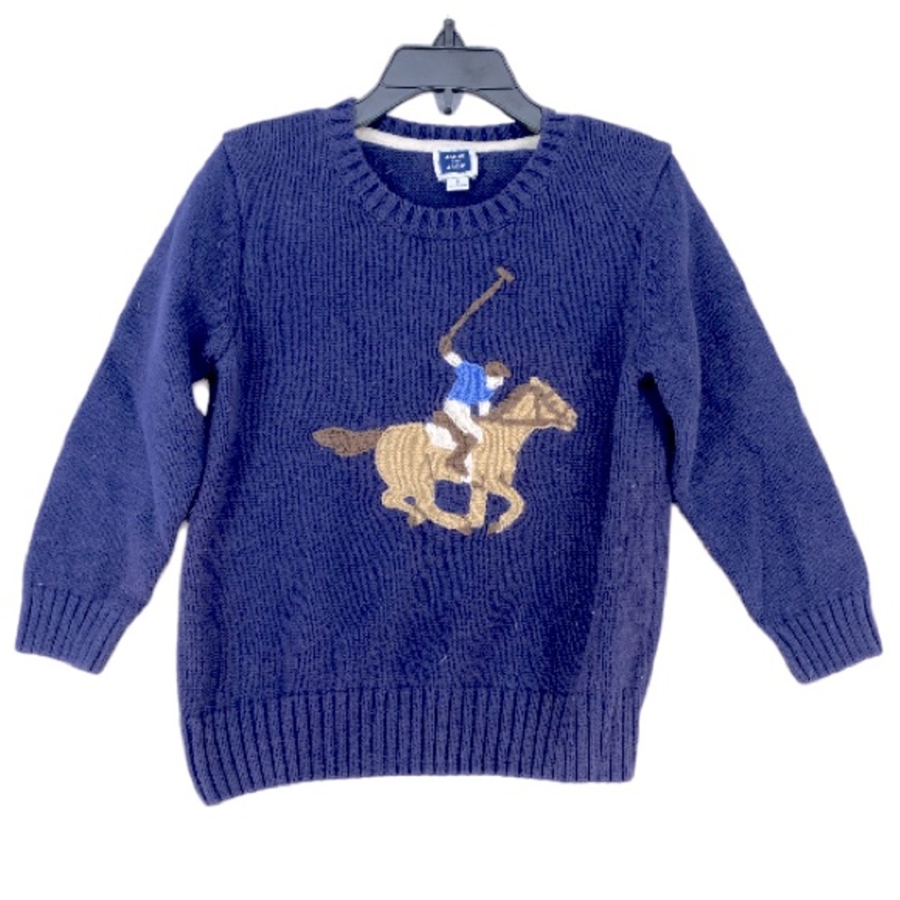 JANIE & JACK KIDS SWEATER HORSE POLO PLAYER CREW NECK NAVY BLUE COTTON SIZE 3
